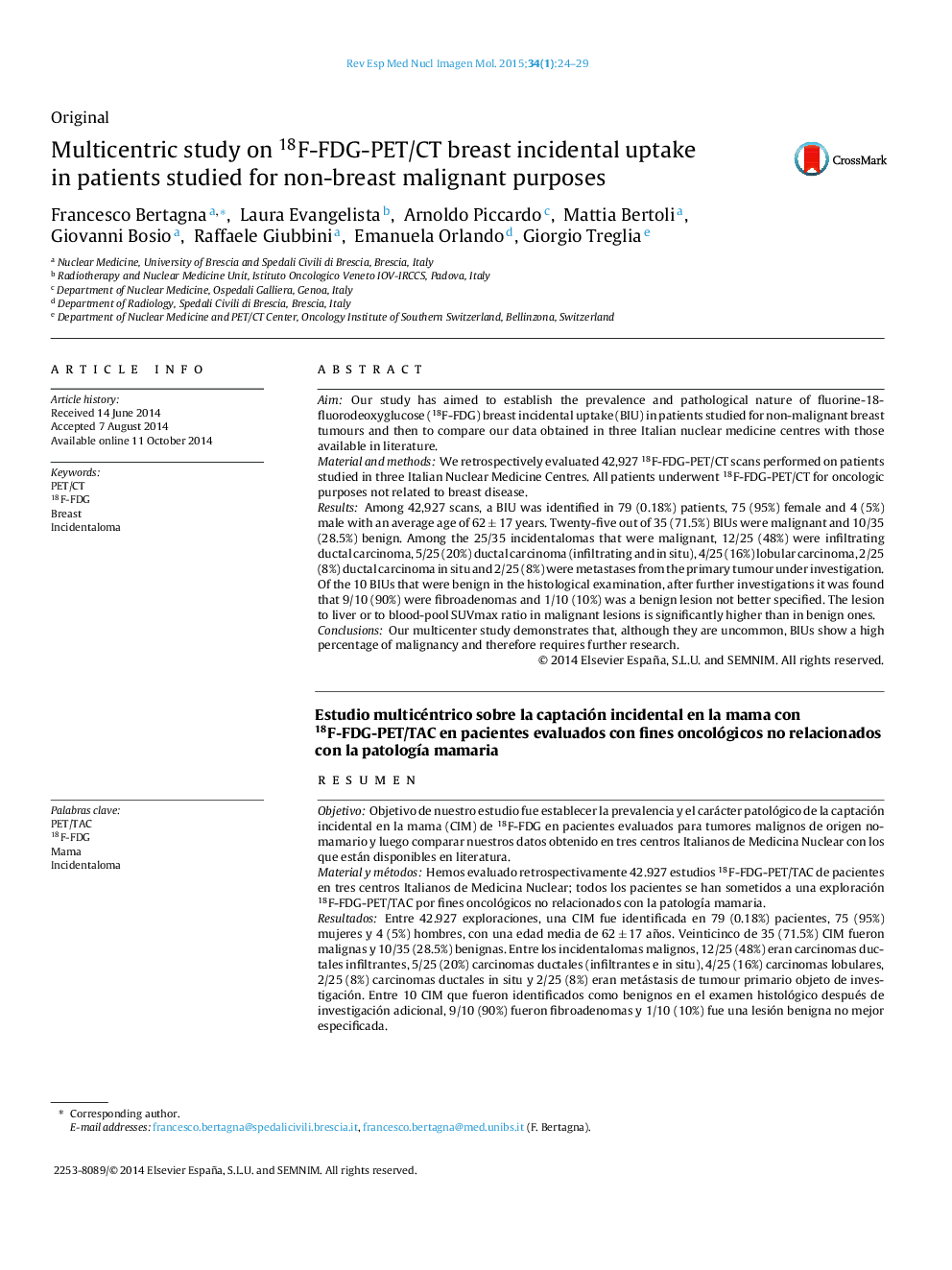 Multicentric study on 18F-FDG-PET/CT breast incidental uptake in patients studied for non-breast malignant purposes