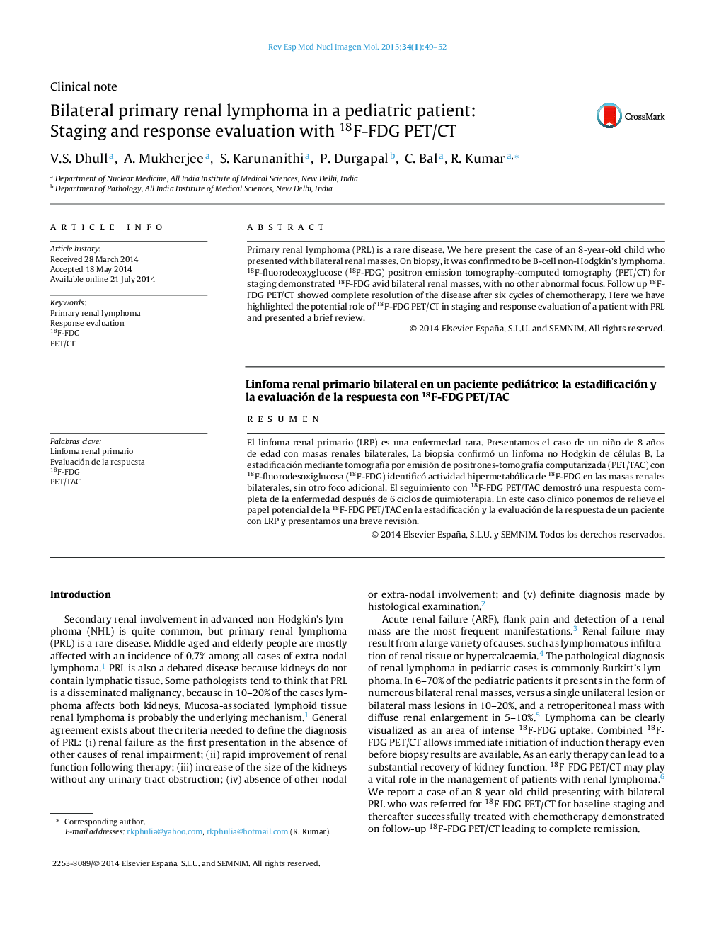 Bilateral primary renal lymphoma in a pediatric patient: Staging and response evaluation with 18F-FDG PET/CT