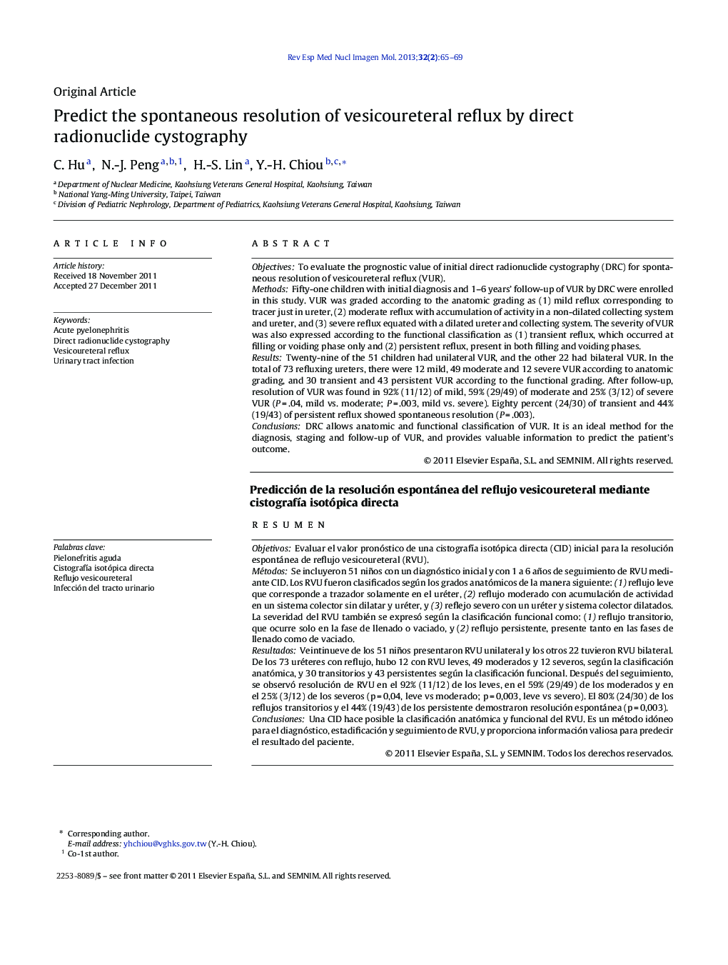 Predict the spontaneous resolution of vesicoureteral reflux by direct radionuclide cystography