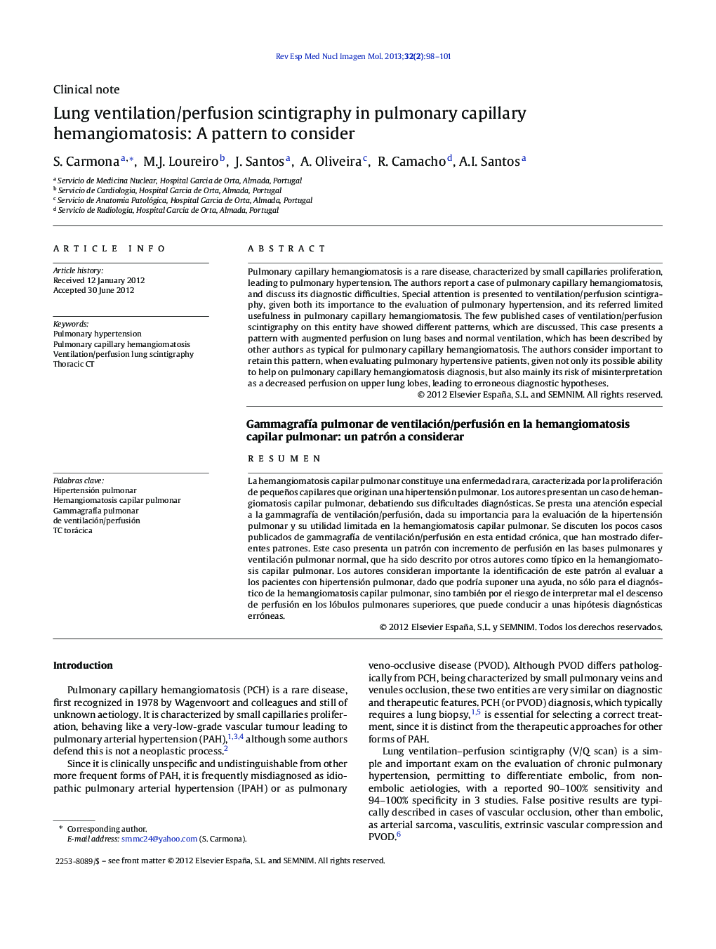 Lung ventilation/perfusion scintigraphy in pulmonary capillary hemangiomatosis: A pattern to consider