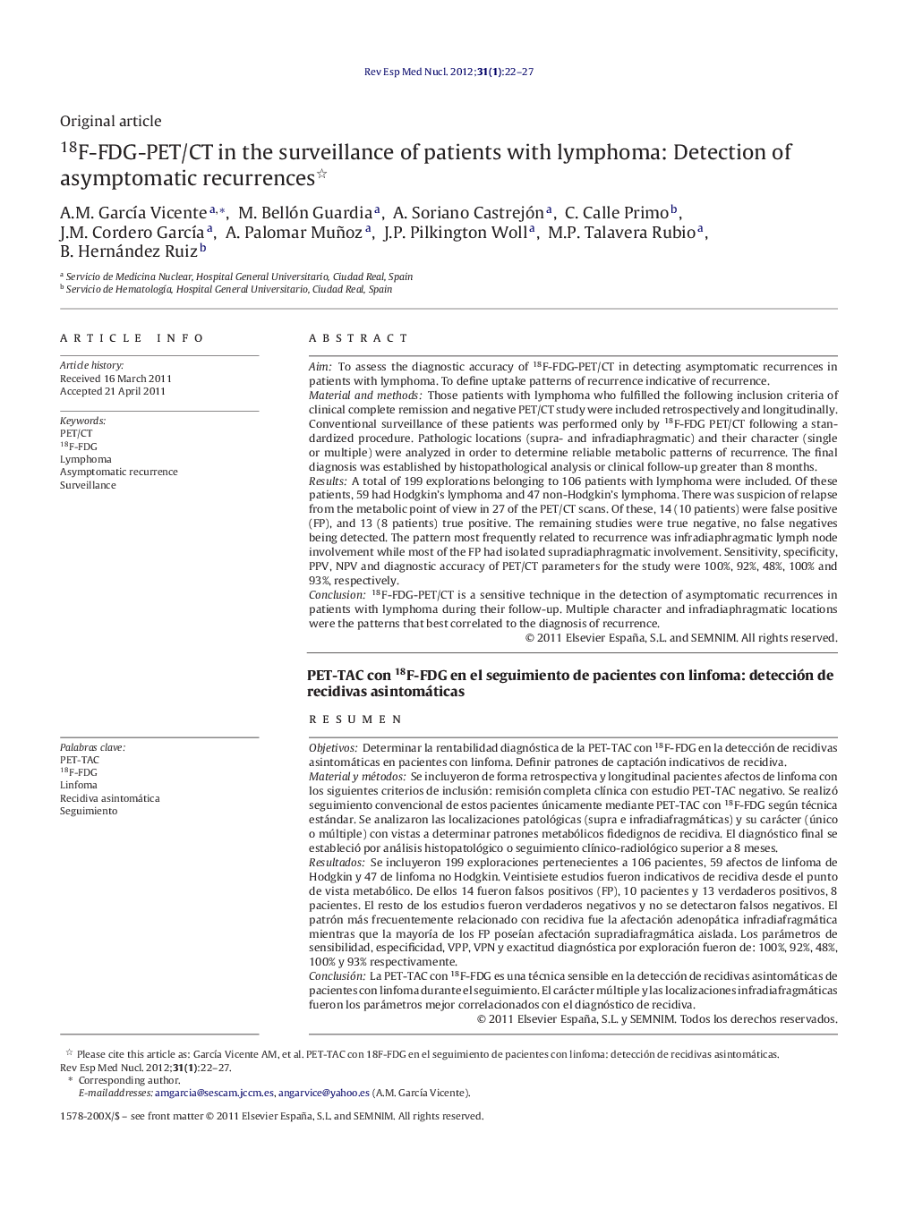 18F-FDG-PET/CT in the surveillance of patients with lymphoma: Detection of asymptomatic recurrences 