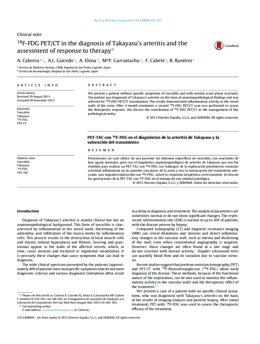 18F-FDG PET/CT in the diagnosis of Takayasu's arteritis and the assessment of response to therapy 