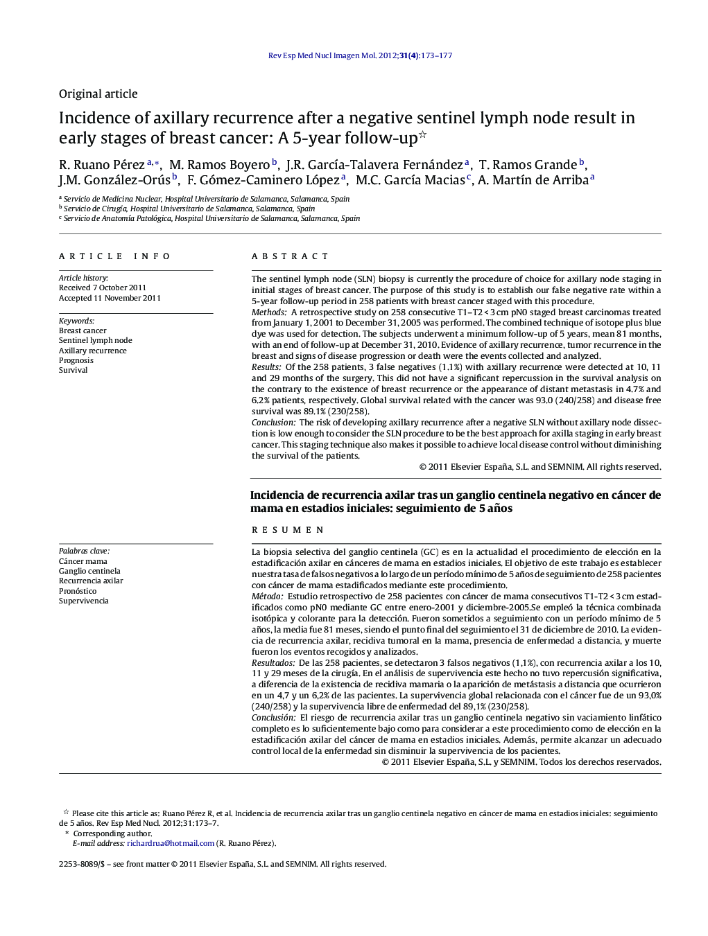 Incidence of axillary recurrence after a negative sentinel lymph node result in early stages of breast cancer: A 5-year follow-up 