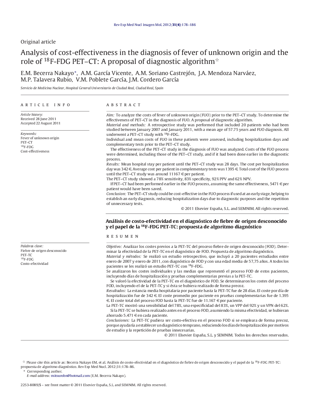 Analysis of cost-effectiveness in the diagnosis of fever of unknown origin and the role of 18F-FDG PET–CT: A proposal of diagnostic algorithm 