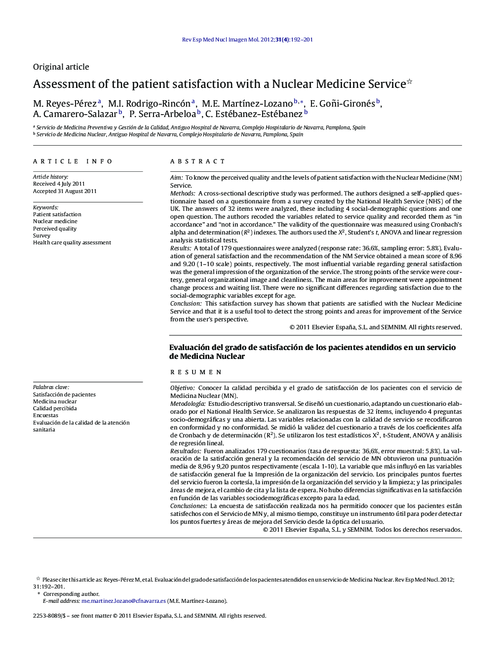 Assessment of the patient satisfaction with a Nuclear Medicine Service