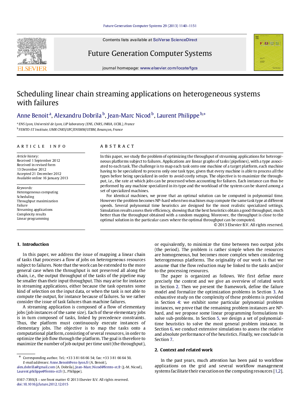 Scheduling linear chain streaming applications on heterogeneous systems with failures