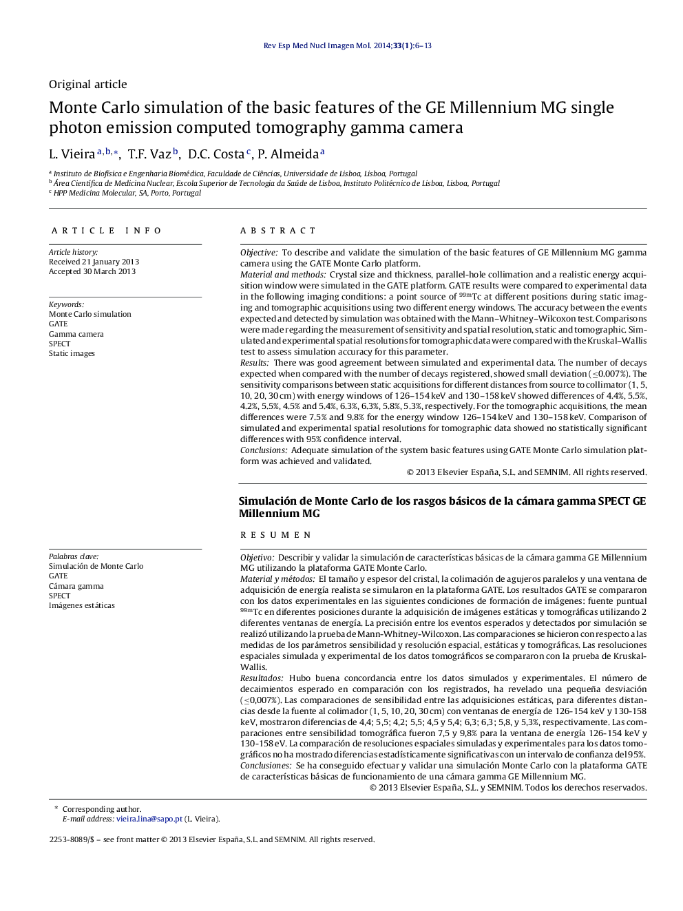 Monte Carlo simulation of the basic features of the GE Millennium MG single photon emission computed tomography gamma camera