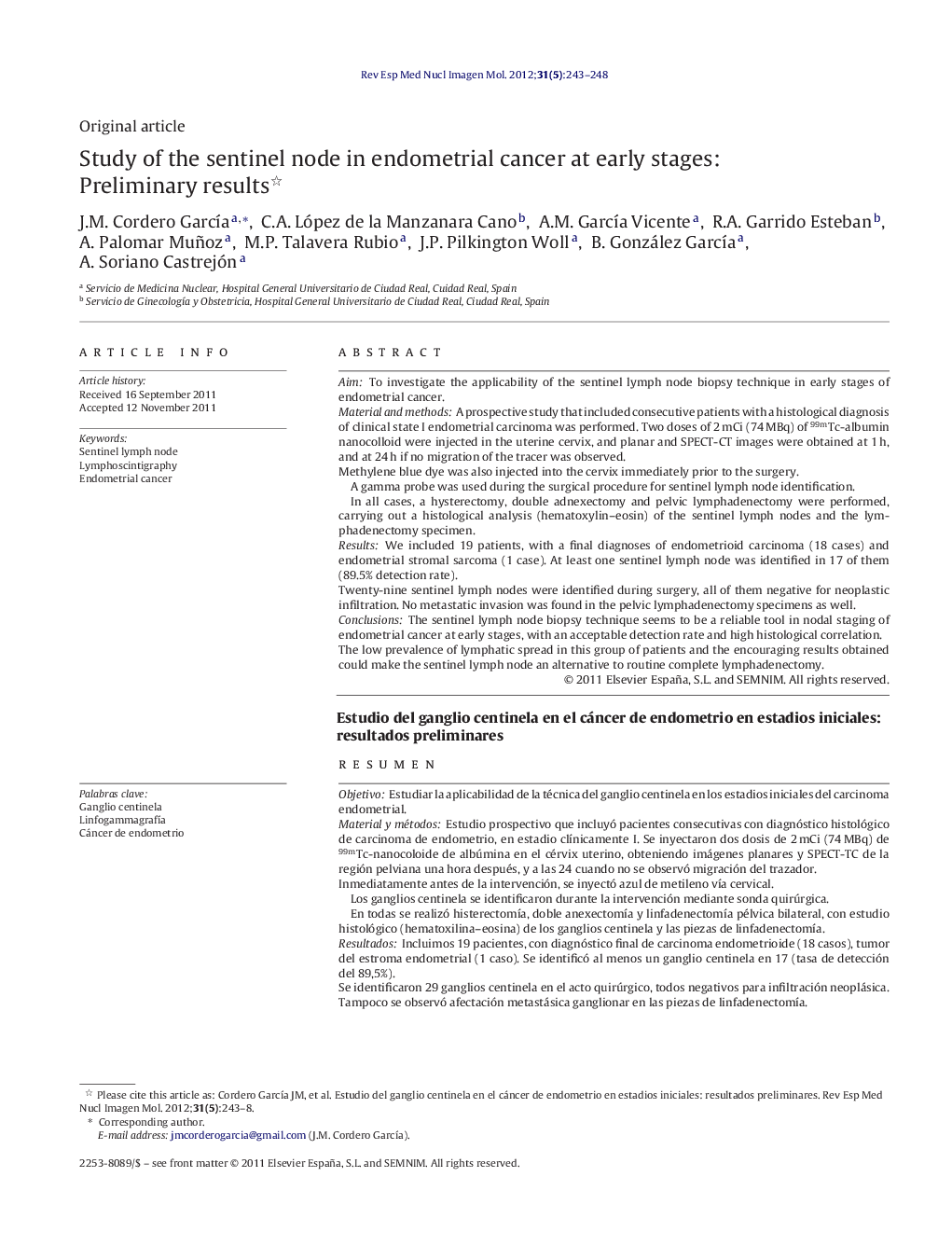 Study of the sentinel node in endometrial cancer at early stages: Preliminary results