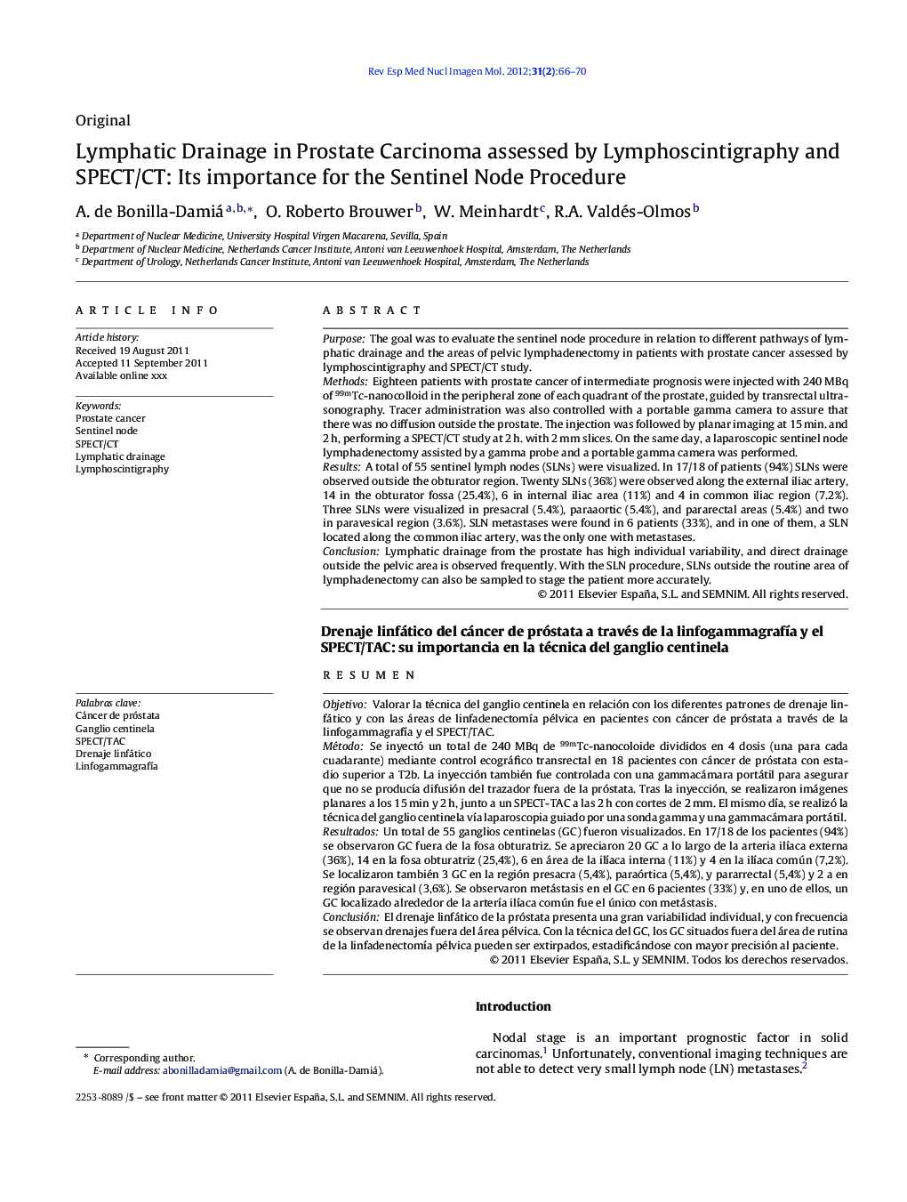 Lymphatic Drainage in Prostate Carcinoma assessed by Lymphoscintigraphy and SPECT/CT: Its importance for the Sentinel Node Procedure