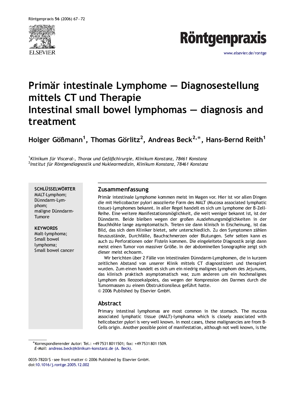 Primär intestinale Lymphome — Diagnosestellung mittels CT und Therapie