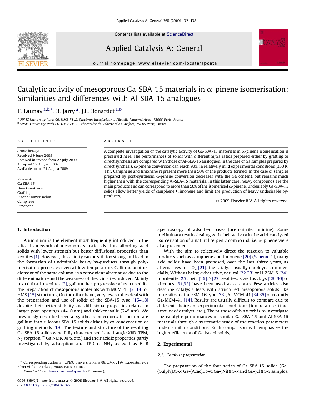 Catalytic activity of mesoporous Ga-SBA-15 materials in α-pinene isomerisation: Similarities and differences with Al-SBA-15 analogues