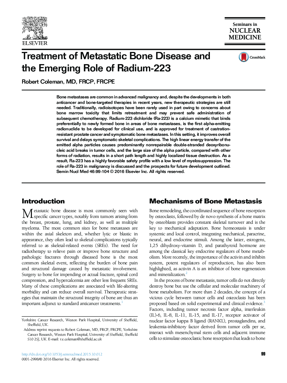 Treatment of Metastatic Bone Disease and the Emerging Role of Radium-223
