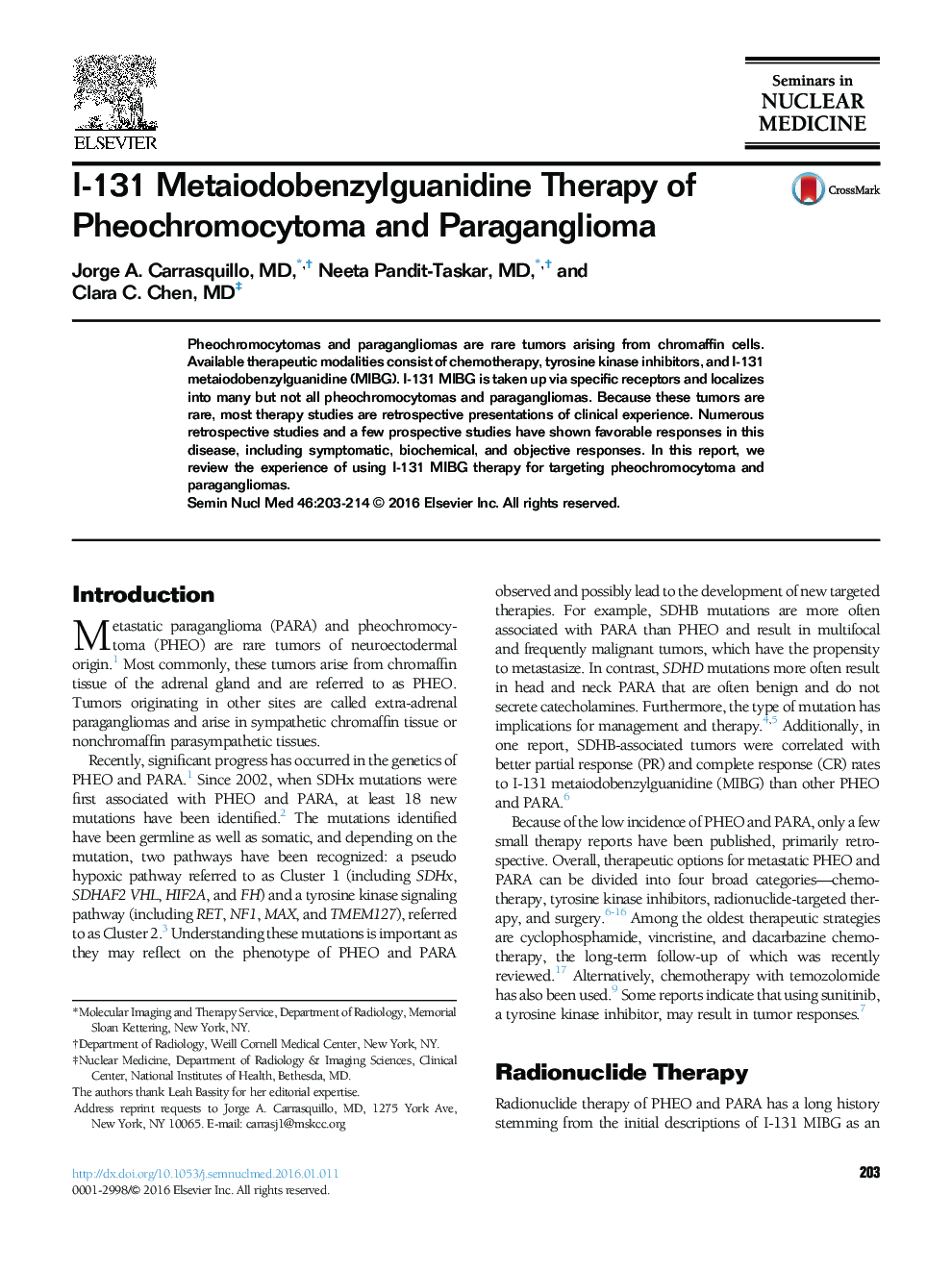 I-131 Metaiodobenzylguanidine Therapy of Pheochromocytoma and Paraganglioma 