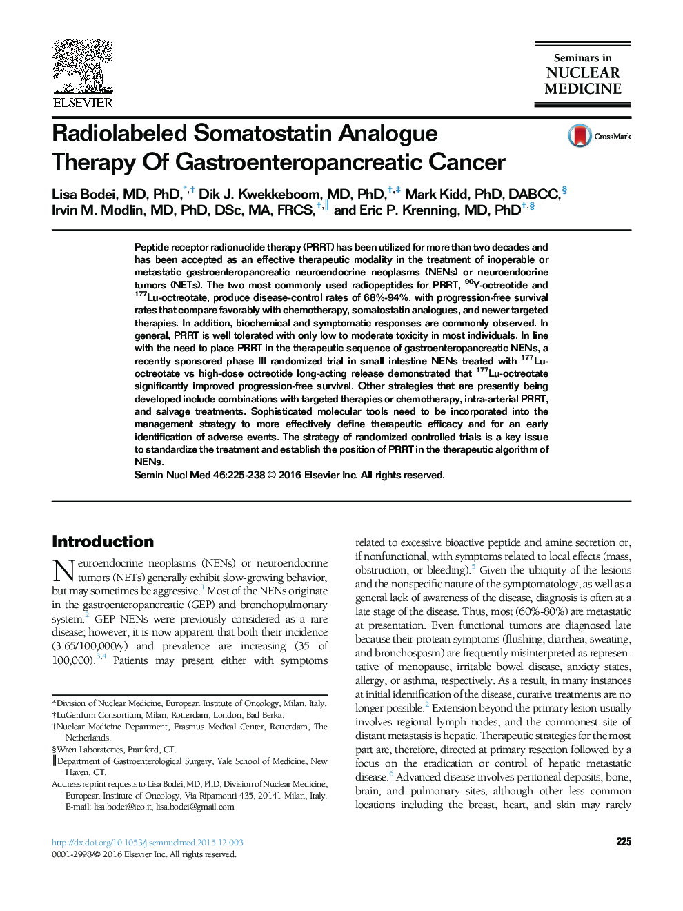 Radiolabeled Somatostatin Analogue Therapy Of Gastroenteropancreatic Cancer