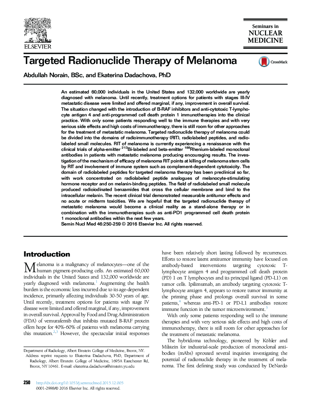 Targeted Radionuclide Therapy of Melanoma