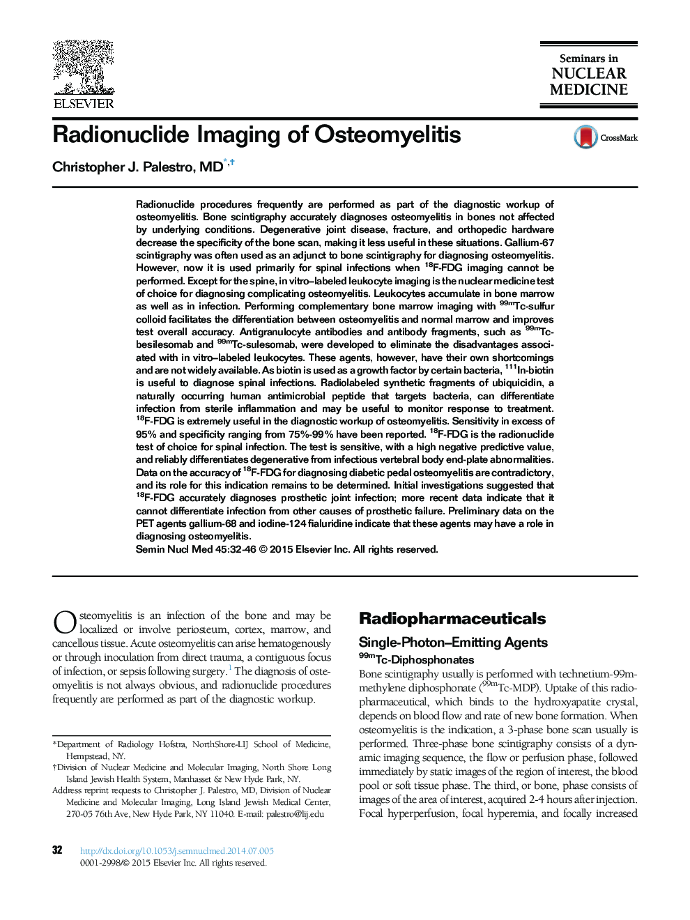 Radionuclide Imaging of Osteomyelitis