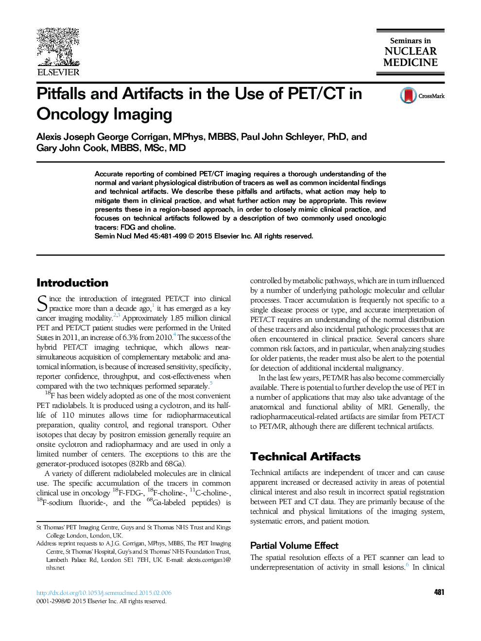 Pitfalls and Artifacts in the Use of PET/CT in Oncology Imaging