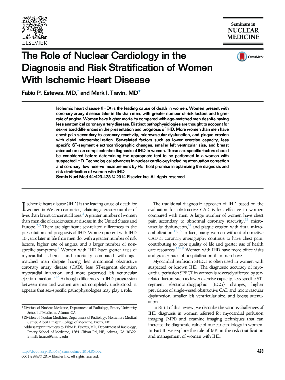 The Role of Nuclear Cardiology in the Diagnosis and Risk Stratification of Women With Ischemic Heart Disease