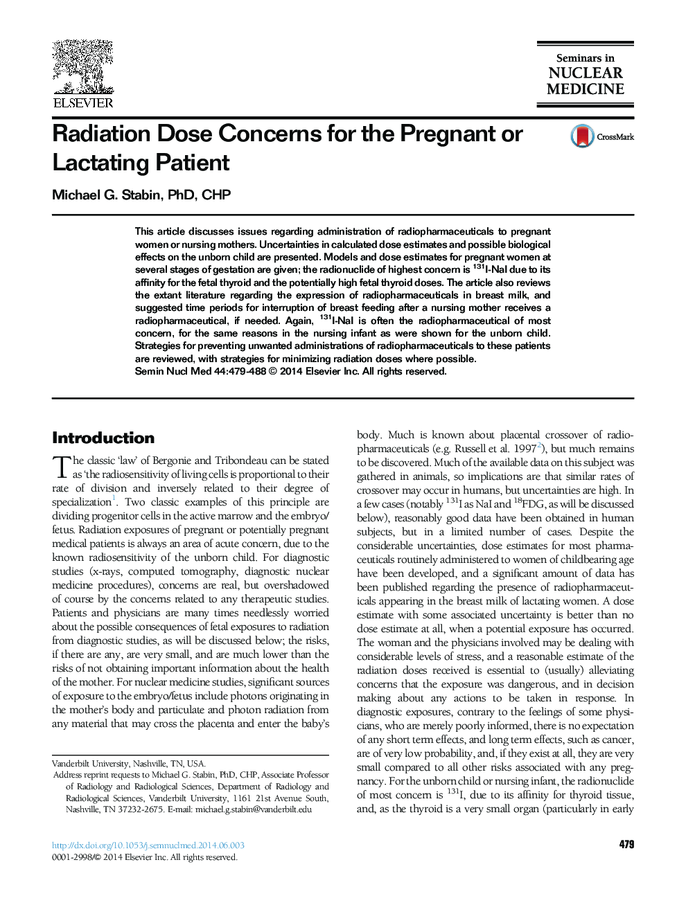 Radiation Dose Concerns for the Pregnant or Lactating Patient