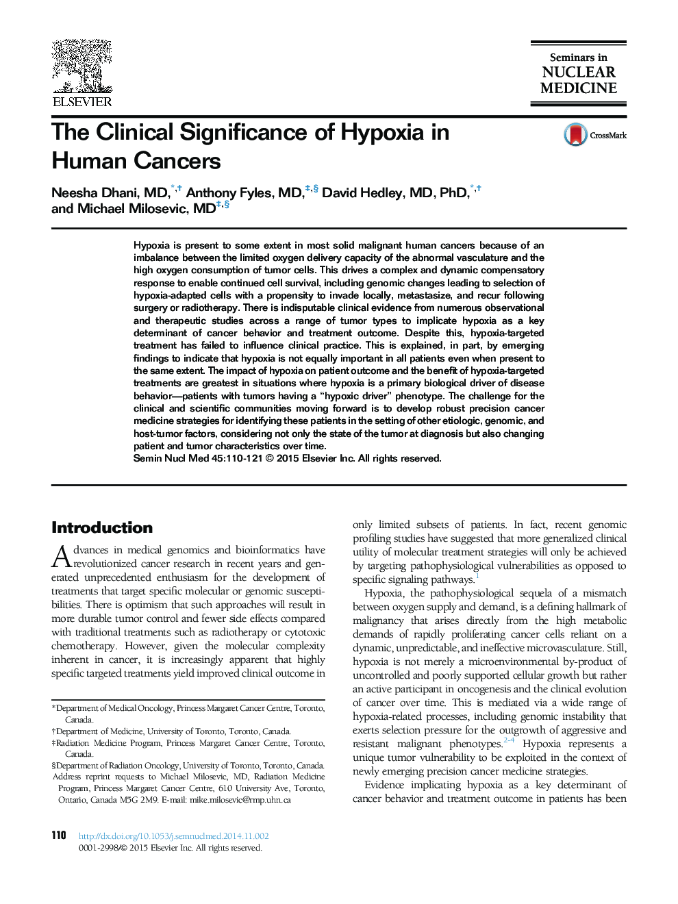 The Clinical Significance of Hypoxia in Human Cancers