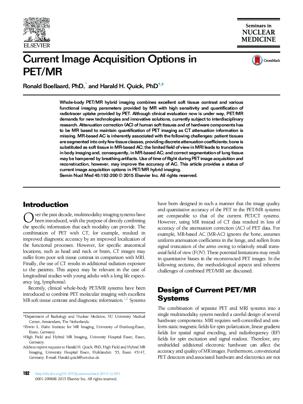 Current Image Acquisition Options in PET/MR