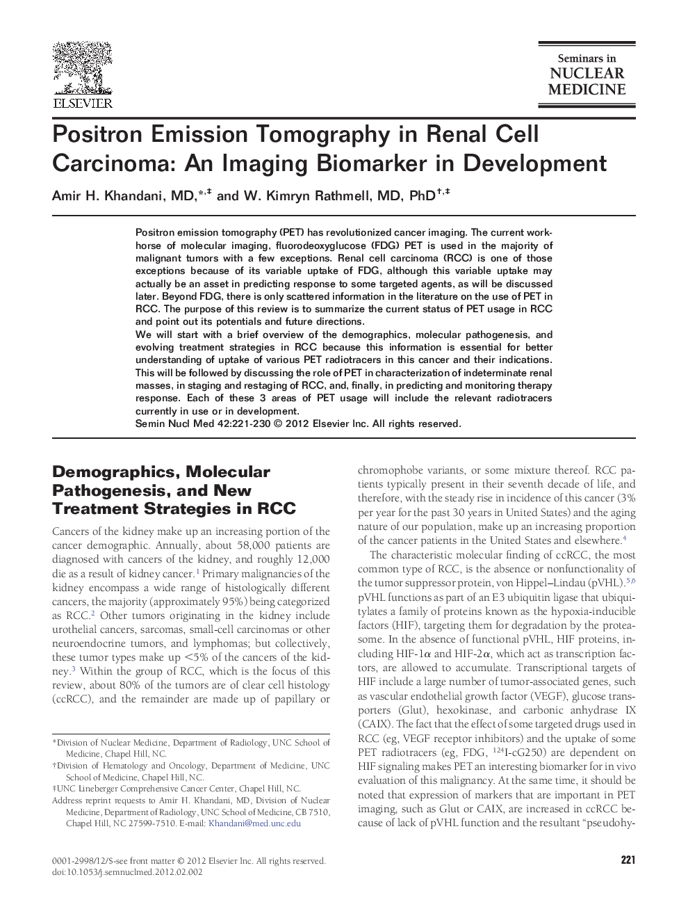 Positron Emission Tomography in Renal Cell Carcinoma: An Imaging Biomarker in Development