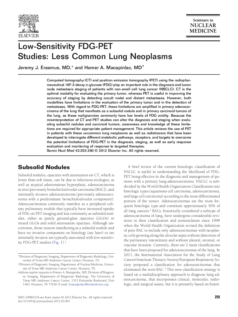 Low-Sensitivity FDG-PET Studies: Less Common Lung Neoplasms