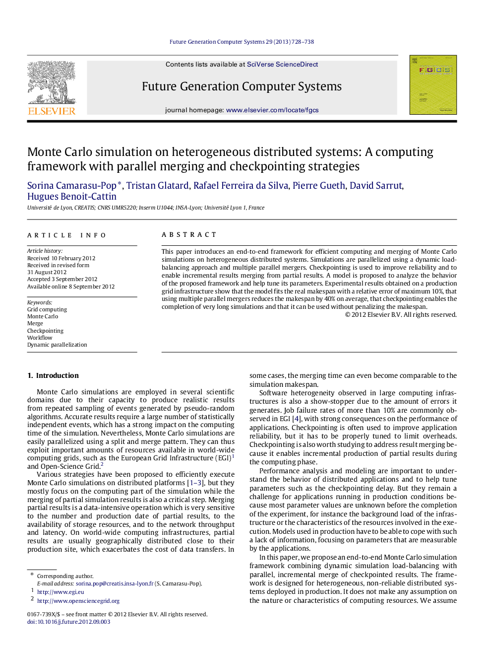 Monte Carlo simulation on heterogeneous distributed systems: A computing framework with parallel merging and checkpointing strategies