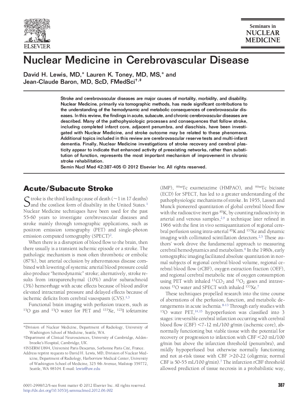 Nuclear Medicine in Cerebrovascular Disease