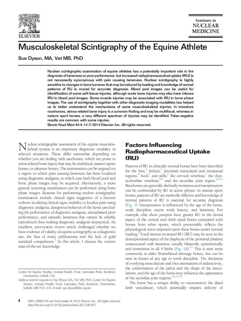 Musculoskeletal Scintigraphy of the Equine Athlete