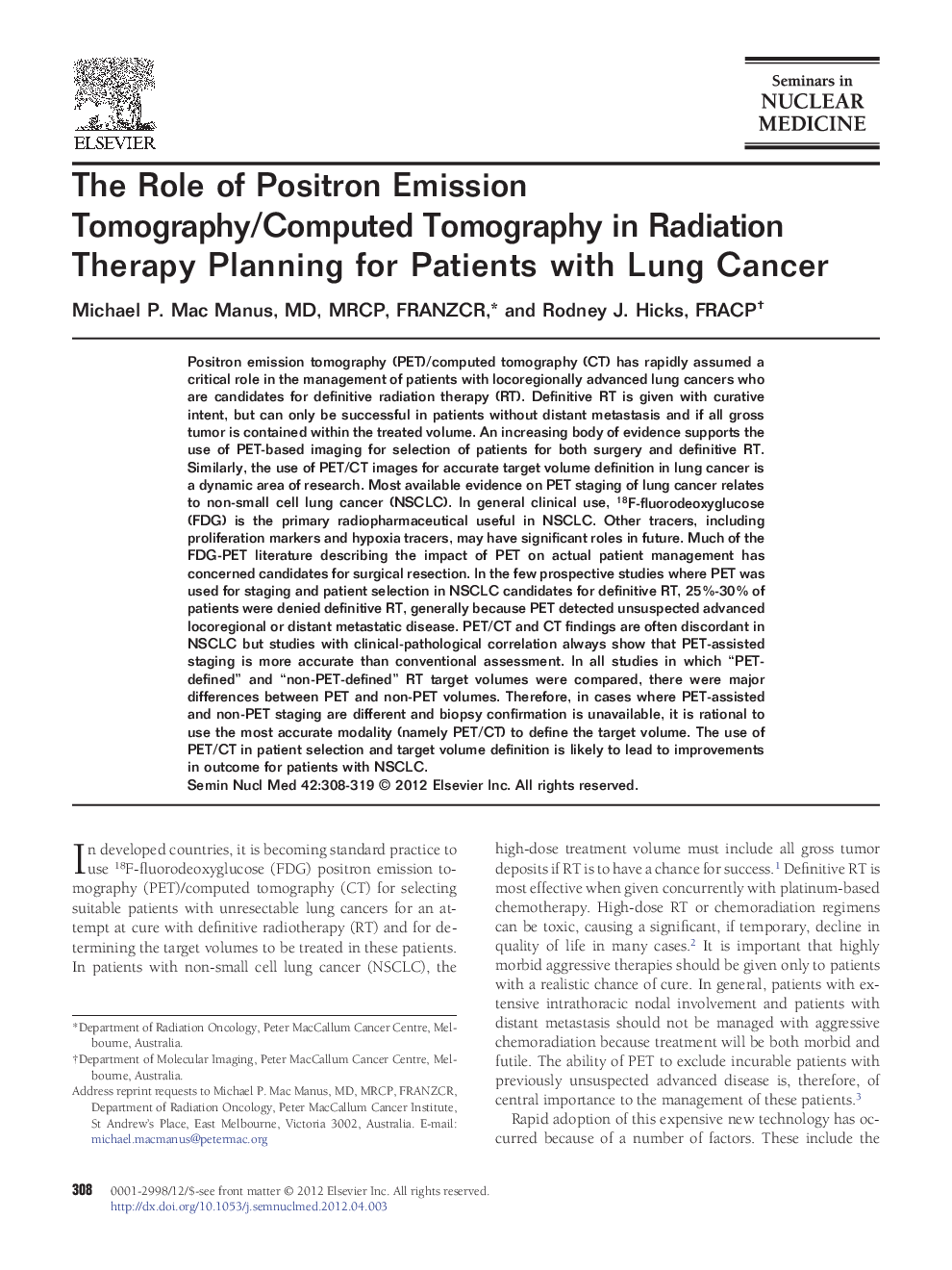 The Role of Positron Emission Tomography/Computed Tomography in Radiation Therapy Planning for Patients with Lung Cancer