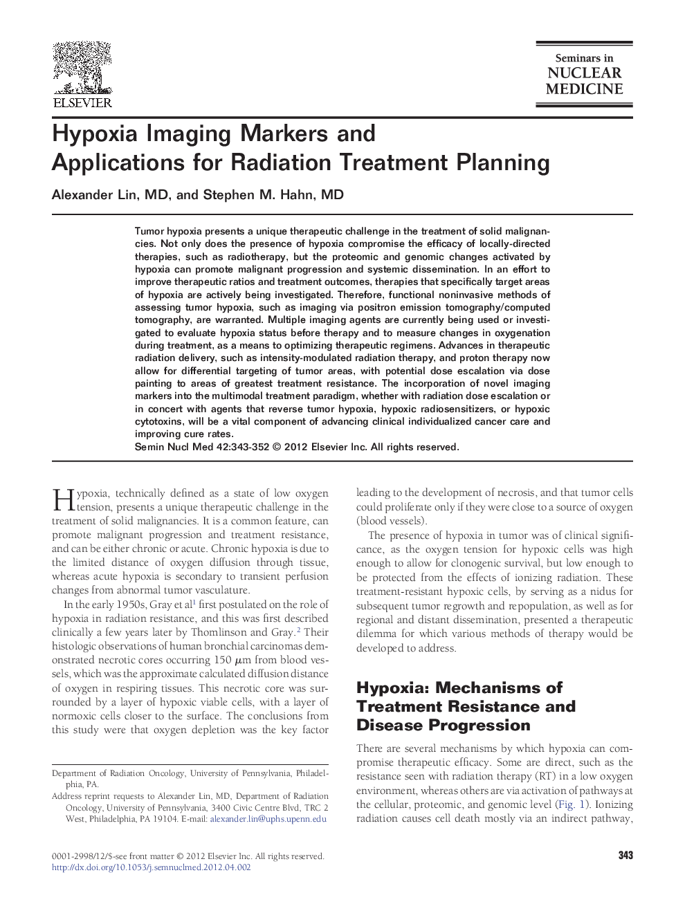 Hypoxia Imaging Markers and Applications for Radiation Treatment Planning