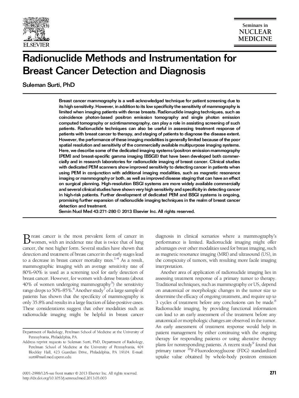 Radionuclide Methods and Instrumentation for Breast Cancer Detection and Diagnosis
