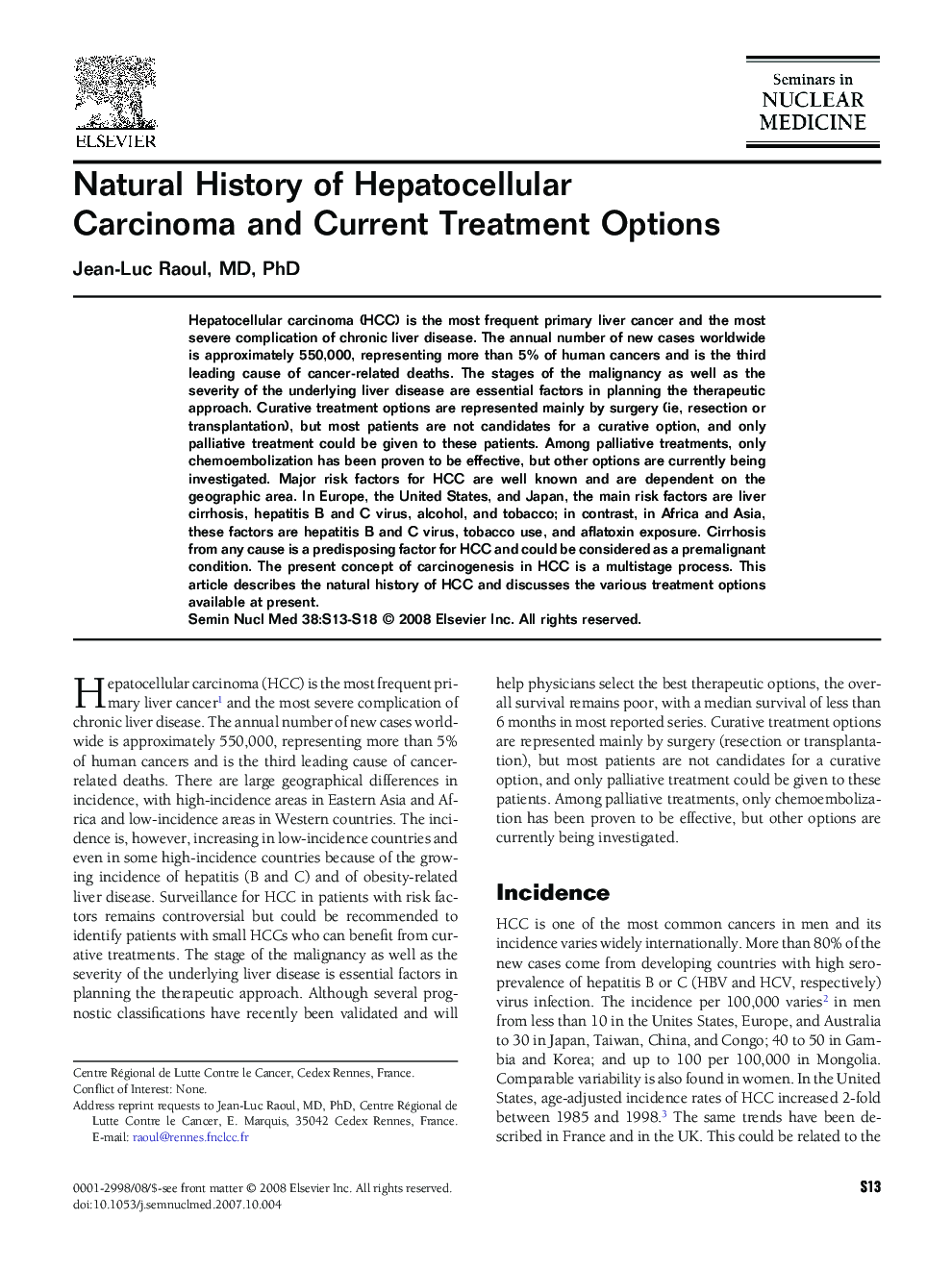 Natural History of Hepatocellular Carcinoma and Current Treatment Options 