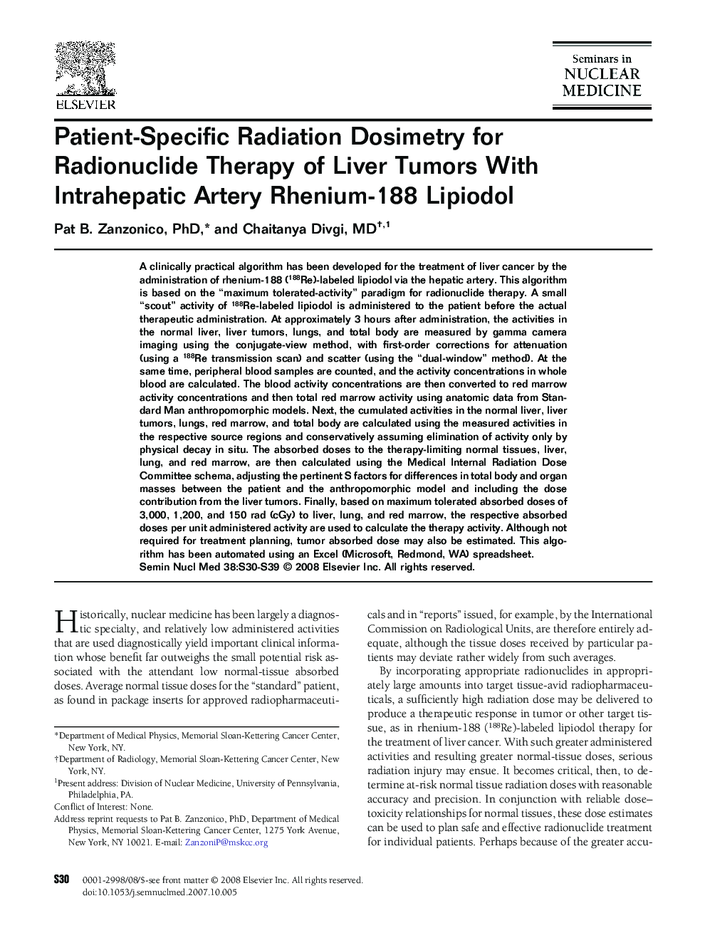 Patient-Specific Radiation Dosimetry for Radionuclide Therapy of Liver Tumors With Intrahepatic Artery Rhenium-188 Lipiodol 