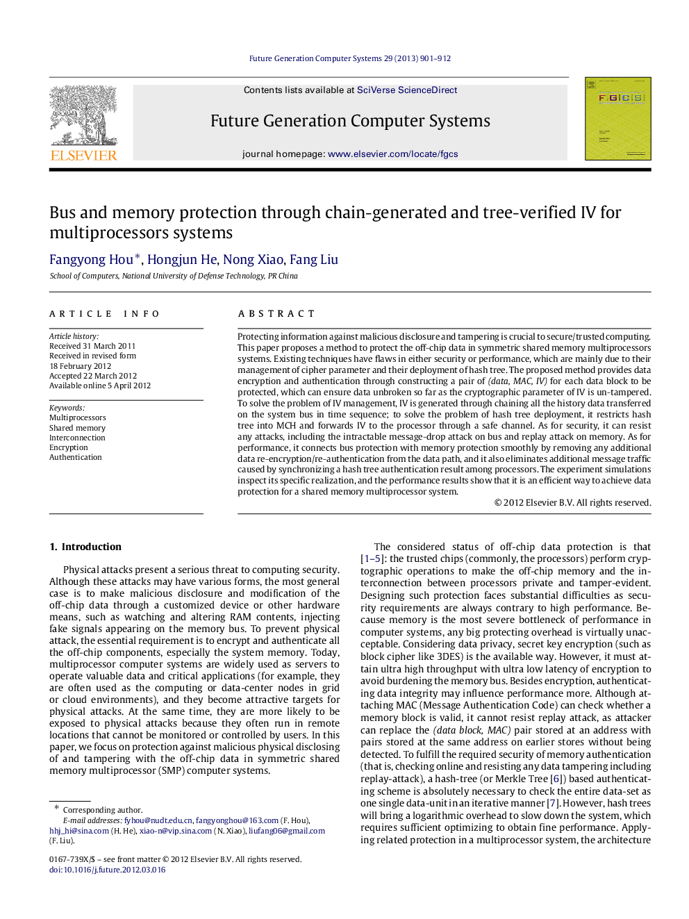 Bus and memory protection through chain-generated and tree-verified IV for multiprocessors systems