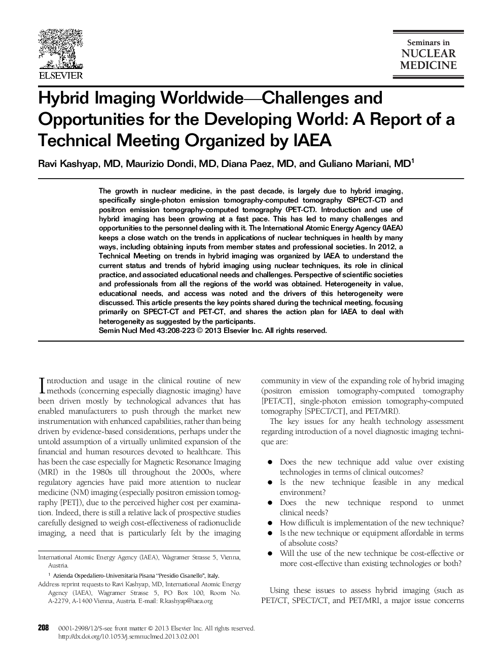 Hybrid Imaging Worldwide-Challenges and Opportunities for the Developing World: A Report of a Technical Meeting Organized by IAEA