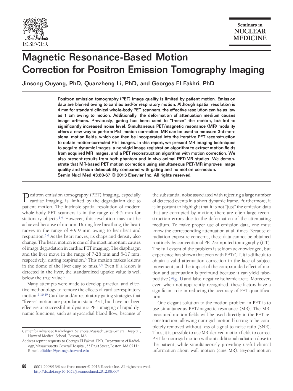 Magnetic Resonance-Based Motion Correction for Positron Emission Tomography Imaging