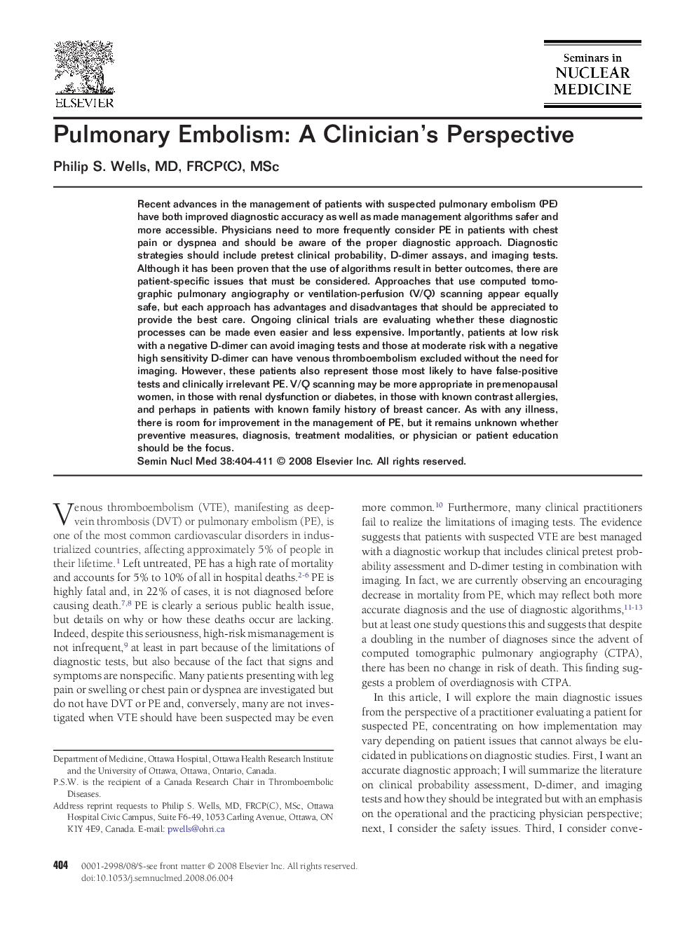 Pulmonary Embolism: A Clinician's Perspective 