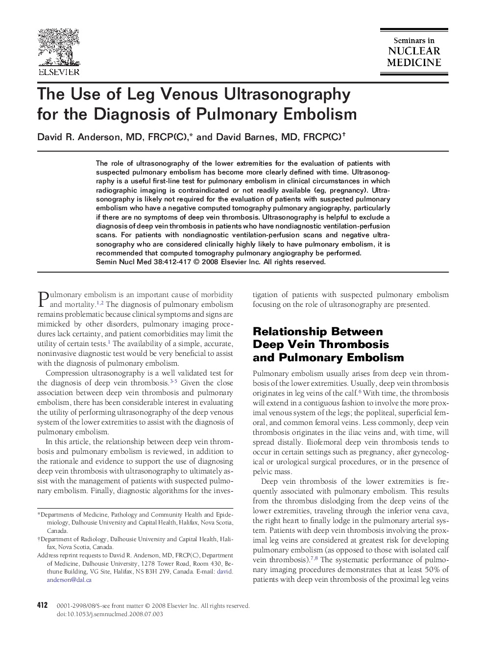 The Use of Leg Venous Ultrasonography for the Diagnosis of Pulmonary Embolism