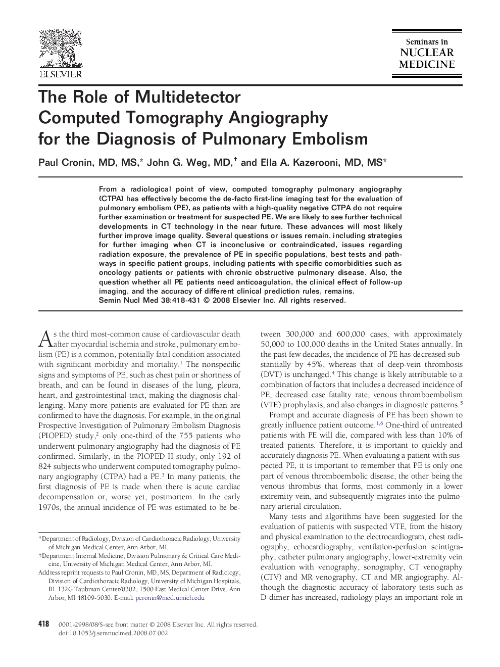 The Role of Multidetector Computed Tomography Angiography for the Diagnosis of Pulmonary Embolism