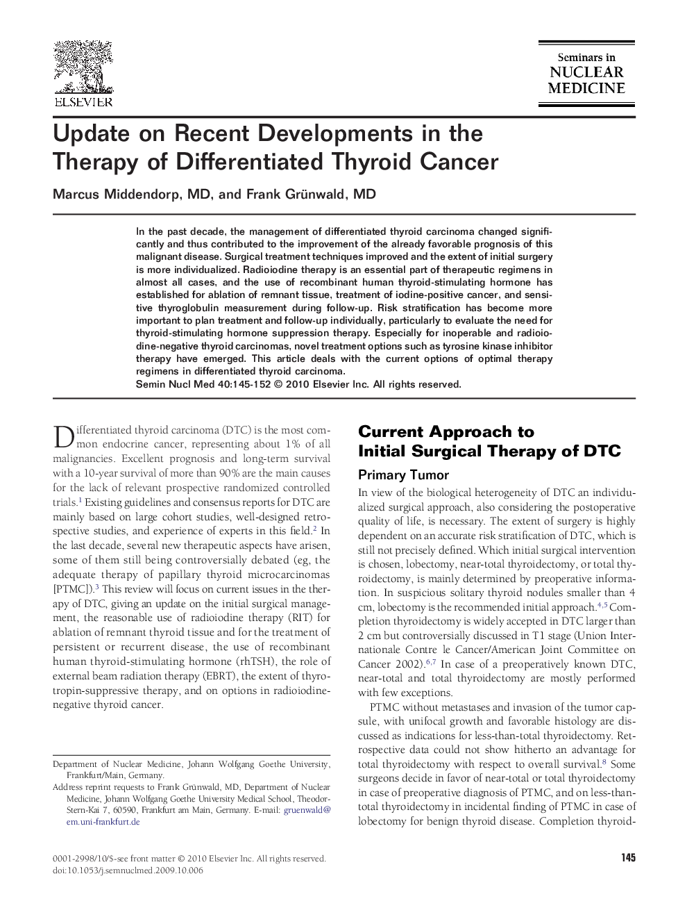 Update on Recent Developments in the Therapy of Differentiated Thyroid Cancer