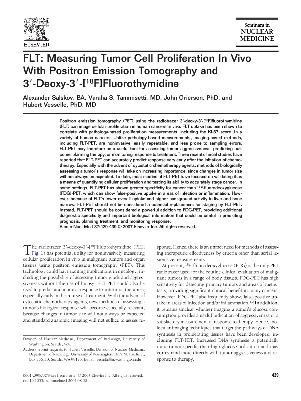 FLT: Measuring Tumor Cell Proliferation In Vivo With Positron Emission Tomography and 3′-Deoxy-3′-[18F]Fluorothymidine