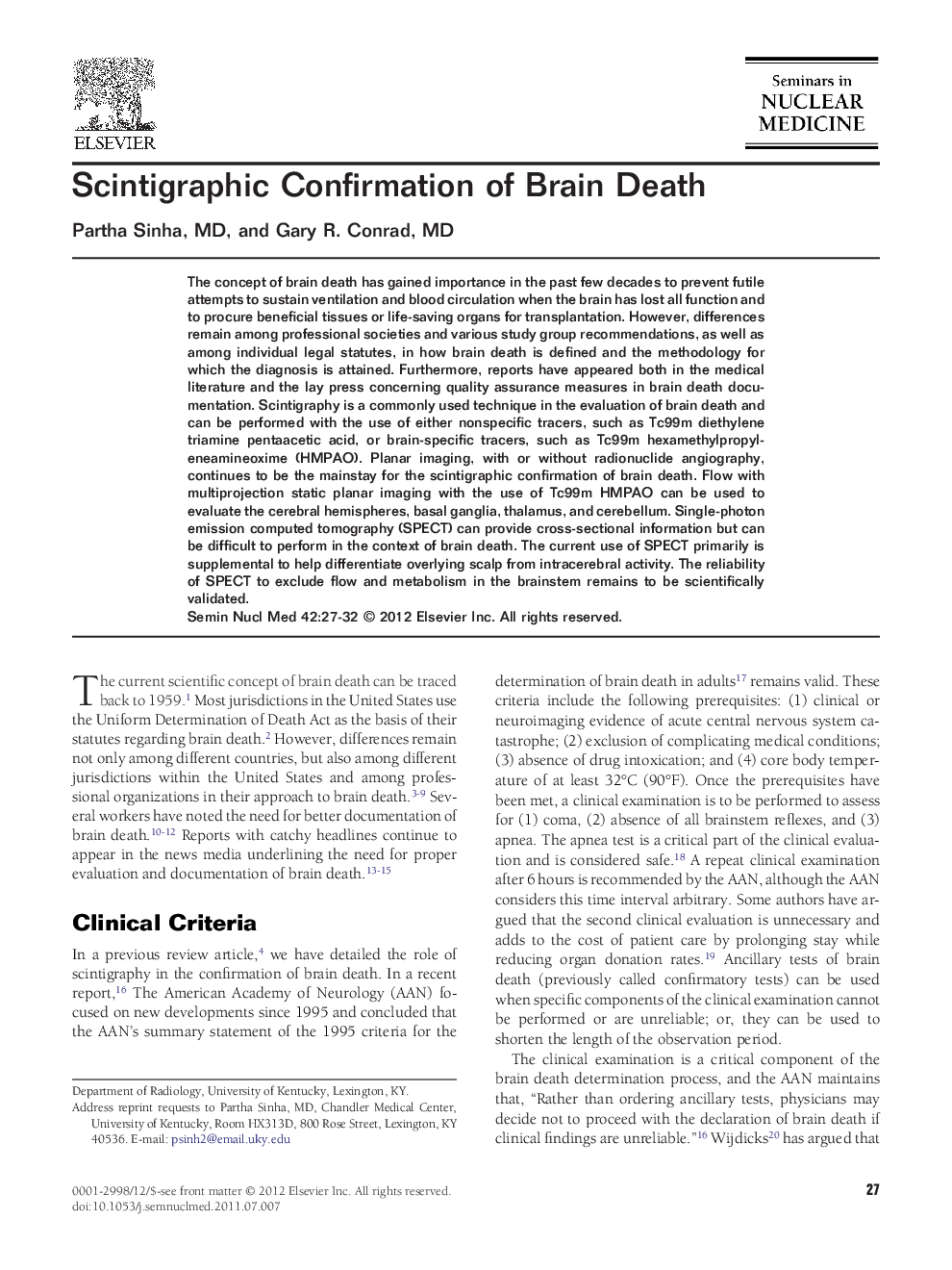 Scintigraphic Confirmation of Brain Death