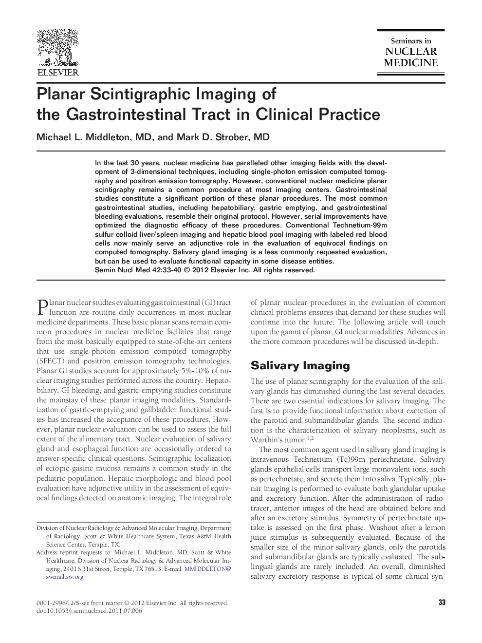 Planar Scintigraphic Imaging of the Gastrointestinal Tract in Clinical Practice