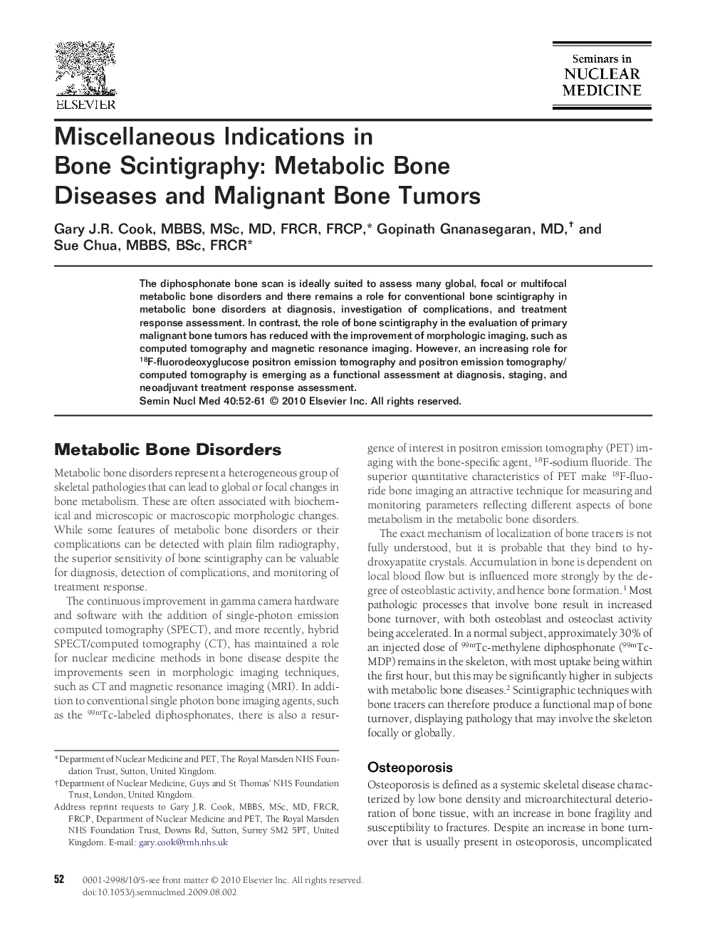 Miscellaneous Indications in Bone Scintigraphy: Metabolic Bone Diseases and Malignant Bone Tumors