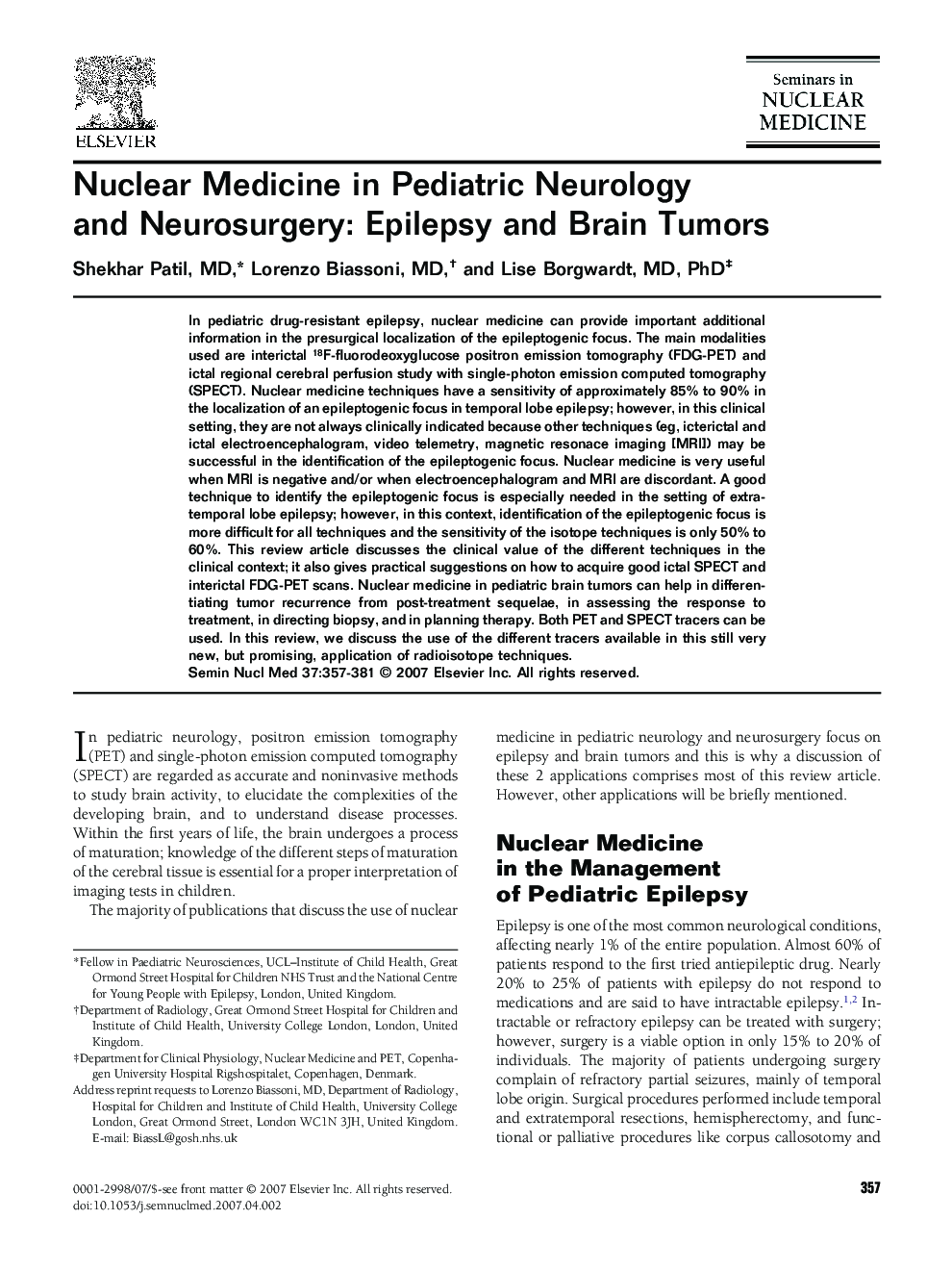 Nuclear Medicine in Pediatric Neurology and Neurosurgery: Epilepsy and Brain Tumors