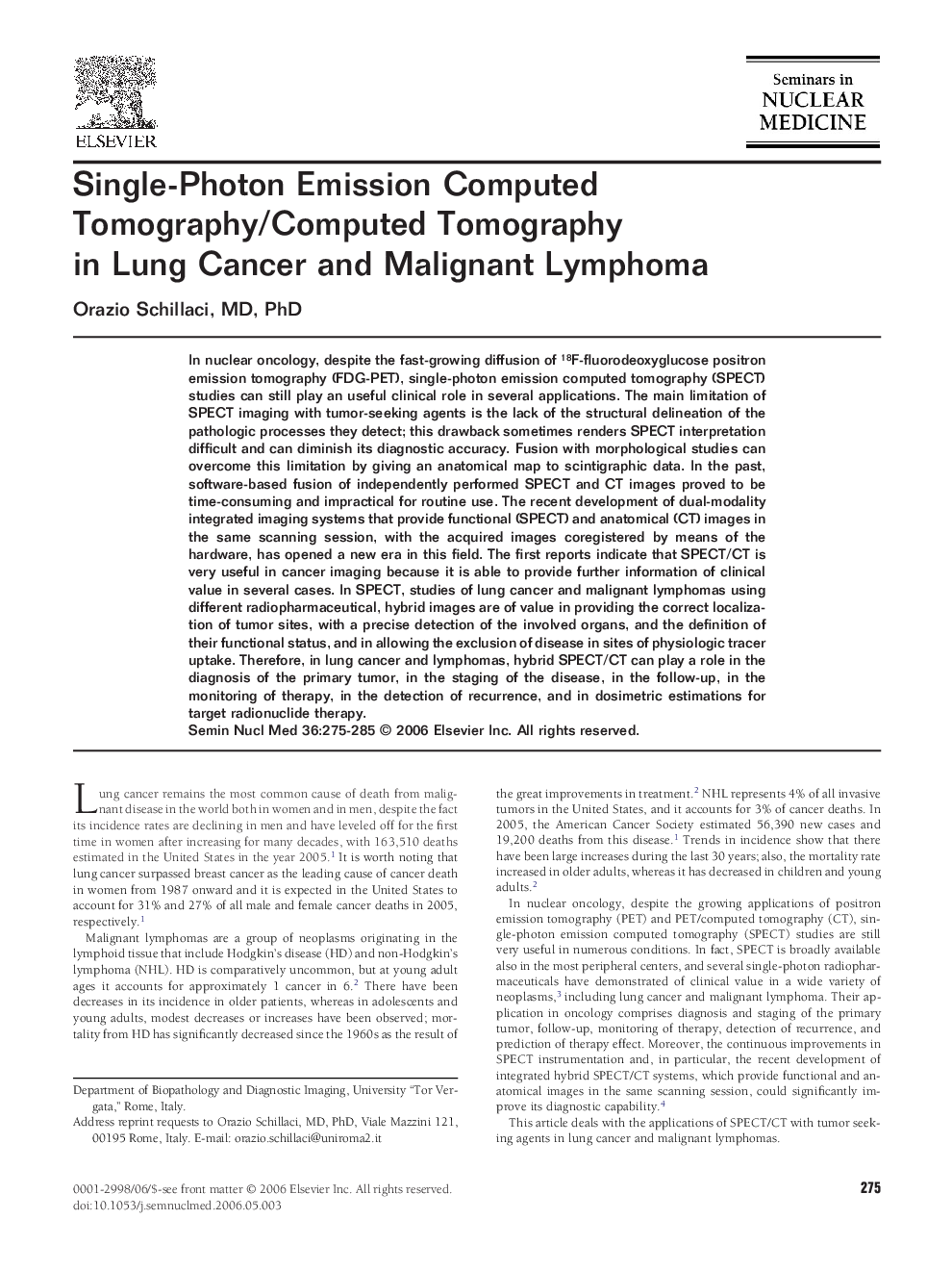 Single-Photon Emission Computed Tomography/Computed Tomography in Lung Cancer and Malignant Lymphoma