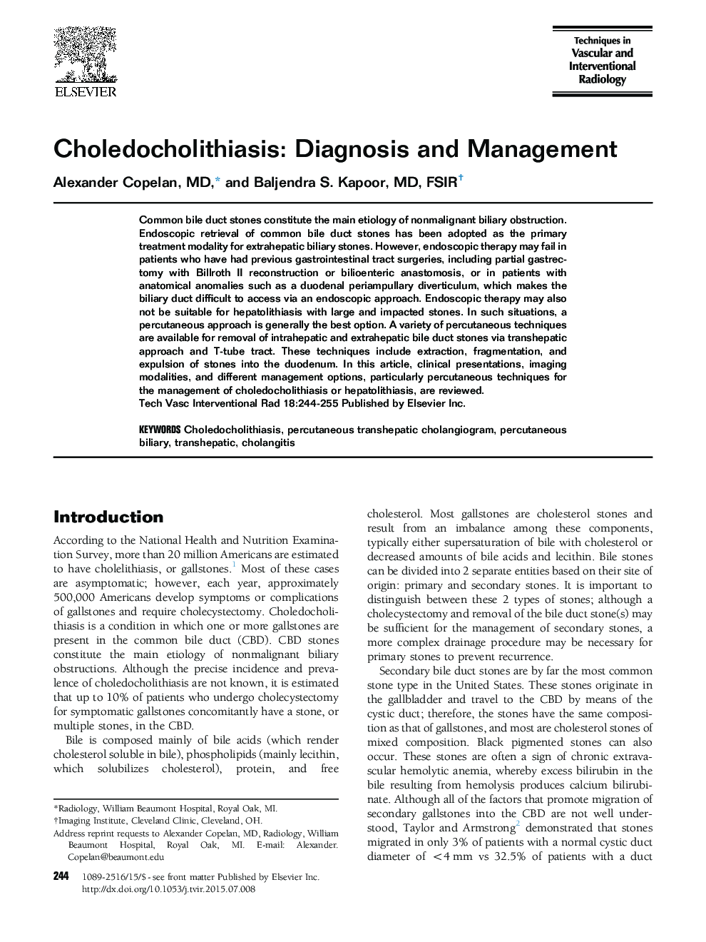 Choledocholithiasis: Diagnosis and Management