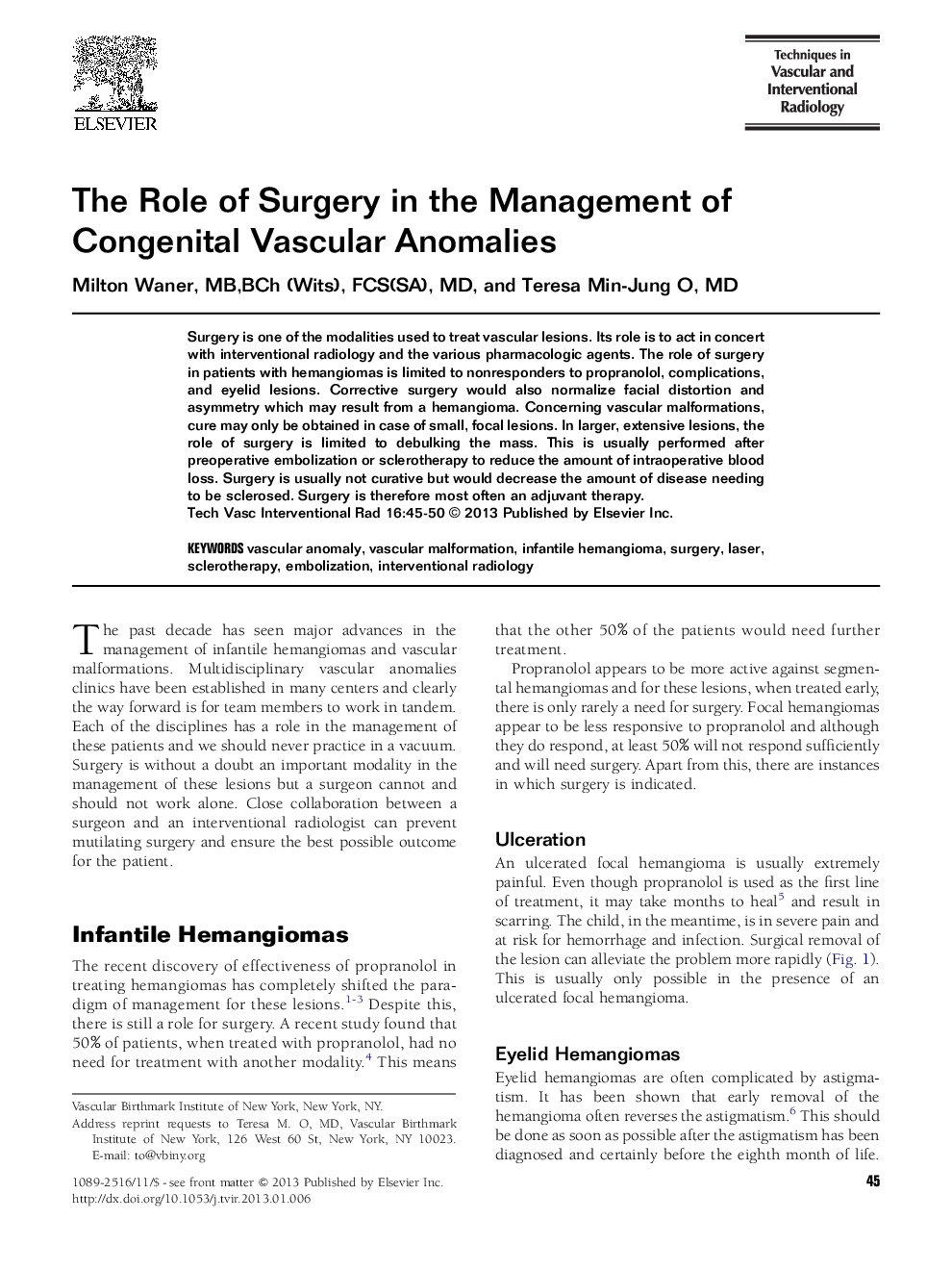 The Role of Surgery in the Management of Congenital Vascular Anomalies